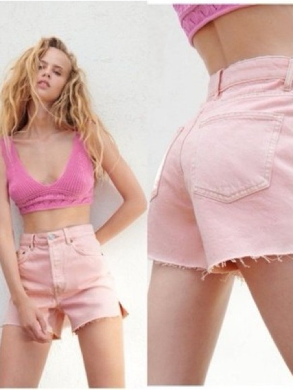 Zara Light Pink Frayed Denim Shorts